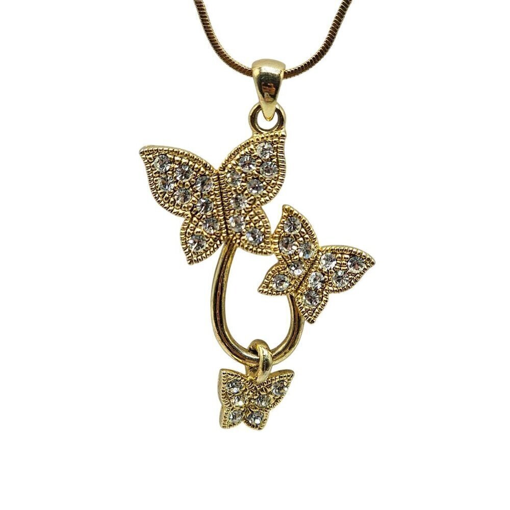 Gold Tone Butterfly Pendant Necklace With Clear Rhinestones 16 in